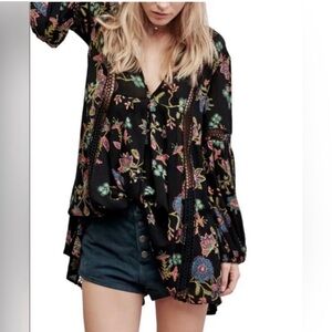 Free People Just the Two Of Us Black Floral Boho Tunic Dress
